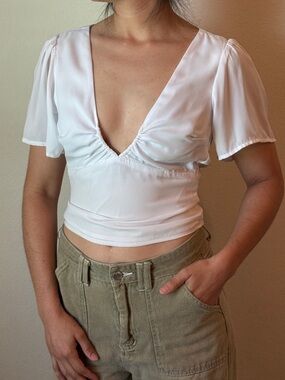 Abercrombie & Fitch White Deep V Ruched Crop Top
